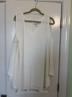 Roaman's White V-Neck Cold-Shoulder Knit Tunic